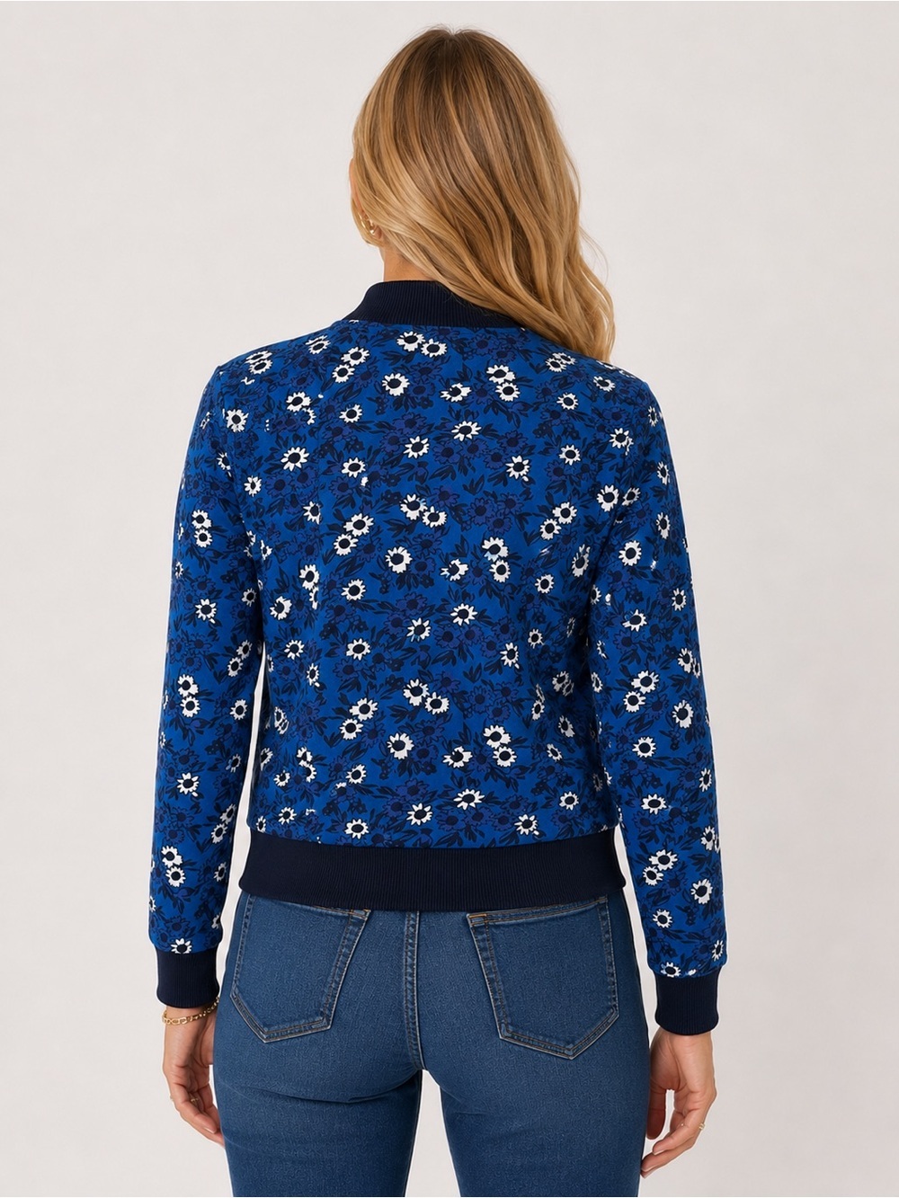 Draper James Floral Bomber Jacket Blue White Zip Preppy Cotton Modal Size M - Picture 2 of 15